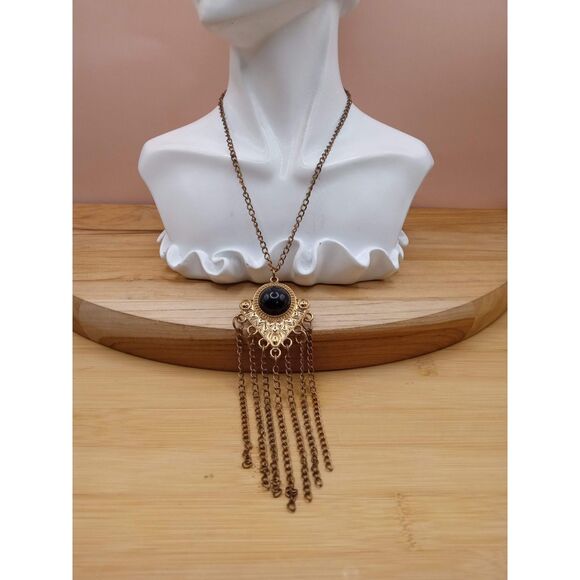 Vintage Large Black Lucite Cabochon Triangle Pendant with Fringe Gold Tone Chain - Picture 2 of 5